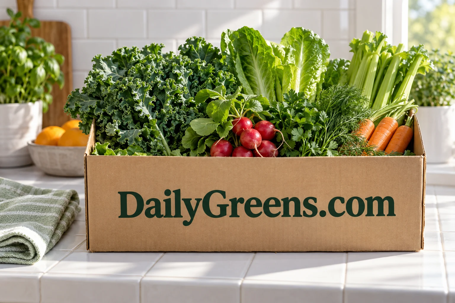 Fresh greens in a DailyGreens.com produce carton on a bright kitchen counter